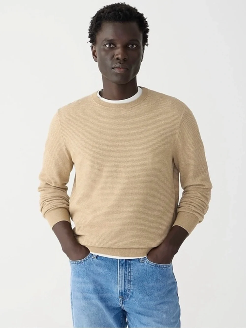 J. Crew NWT Silk Cotton-Blend Pique Sweater Crewneck Textured Knit Cream Tan